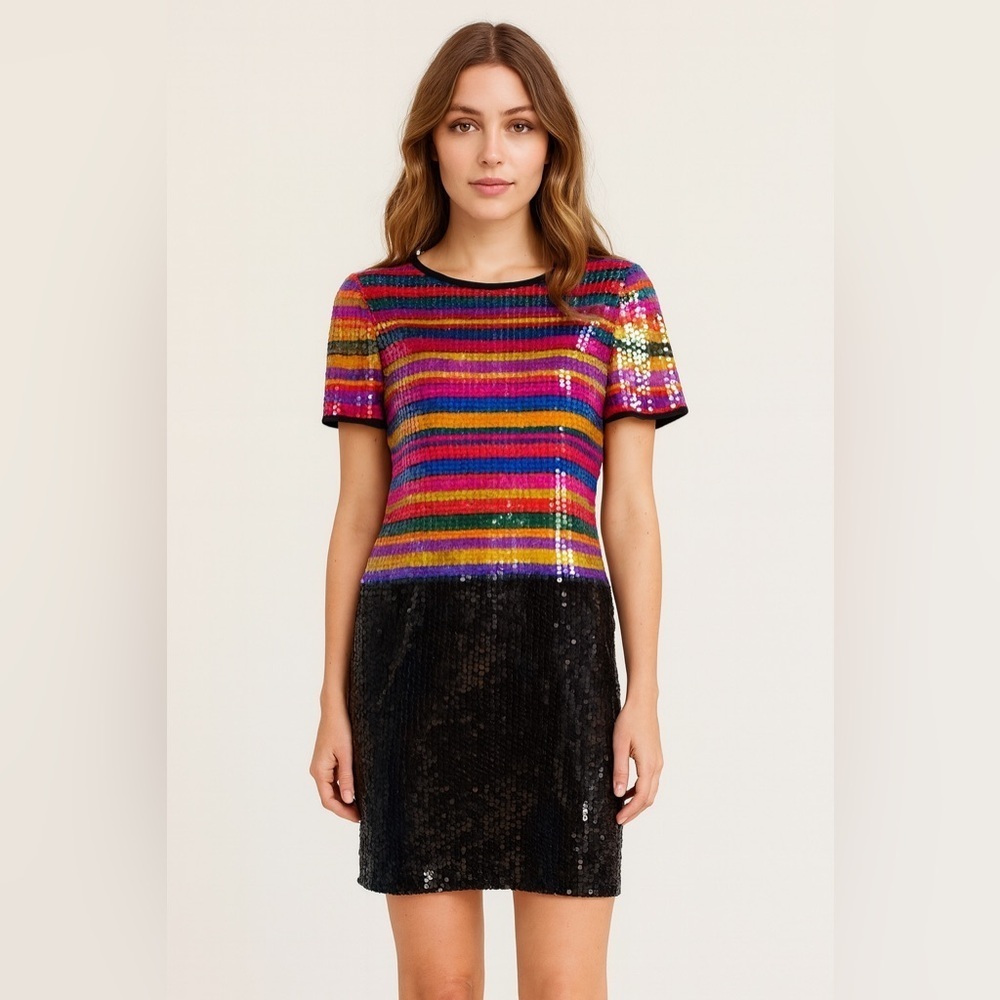 VTG A.J. BARI Sequin Striped Dress Size 8 Knee Length Party Cocktails Multicolor